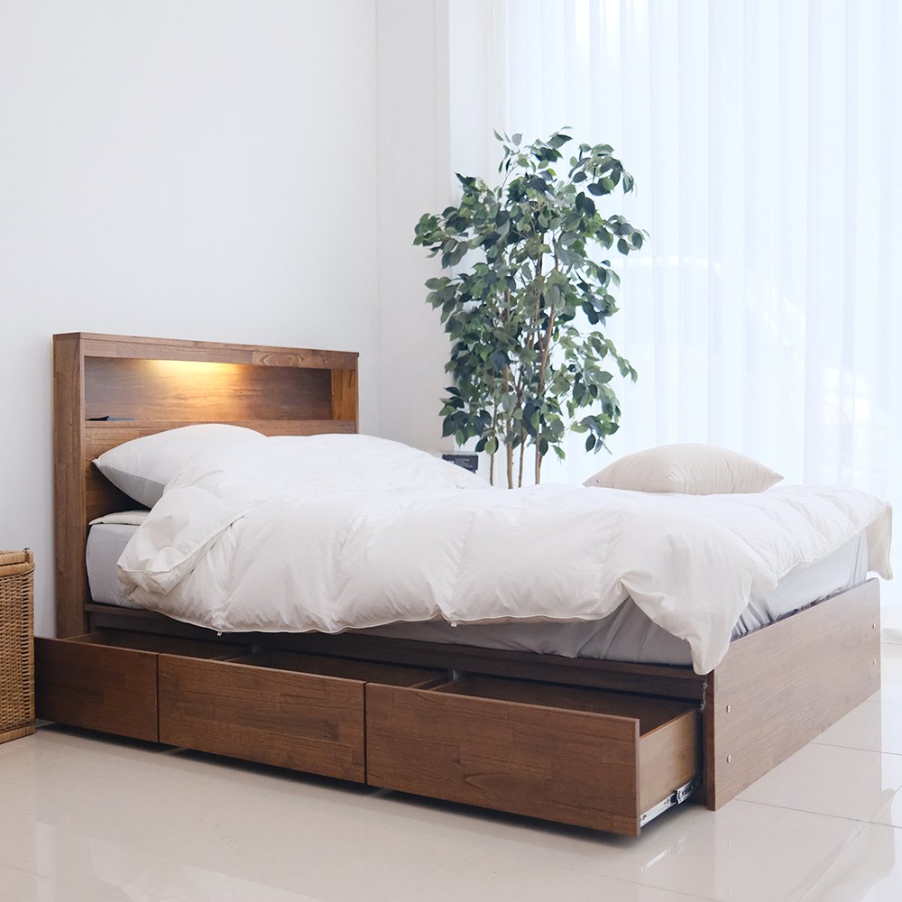 아르볼가구 엘렌 참죽원목 LED조명 수납형 침대프레임, 침대프레임_폼매트포함 528,000원
