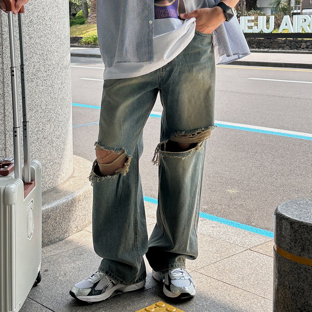 30-38 바이모노 빈티지 구제 와이드 데님 남자 빅사이즈 찢어진 청 바지 팬츠 중청 흑청 30 32 34 36 38 59,900원