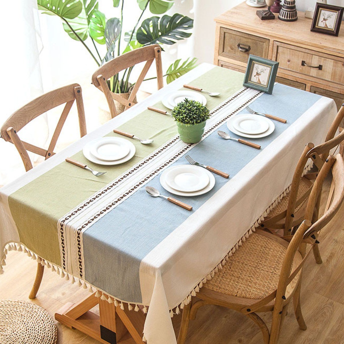 [제이지하우스] 린넨 방수 식탁보, 투톤컬러(그린+블루), 4인-직사각형 (140cm x 180cm) 26,900원