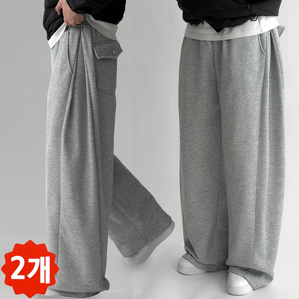 [1+1 사계절] 빠델 백 포켓 포인트 사이드핀턱 벌룬 와이드 트레이닝 스웻 커브드 팬츠 회색 트레이닝팬츠 기모 바지 36,900원