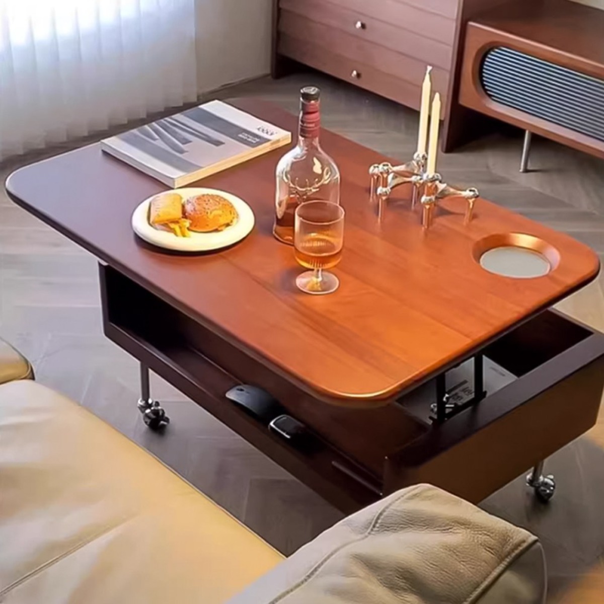 우브로 리프트업 테이블 우드 거실 소파 쇼파 높이조절 침대 리프트 이동식 원목 탁자 협탁, 월넛 163,000원