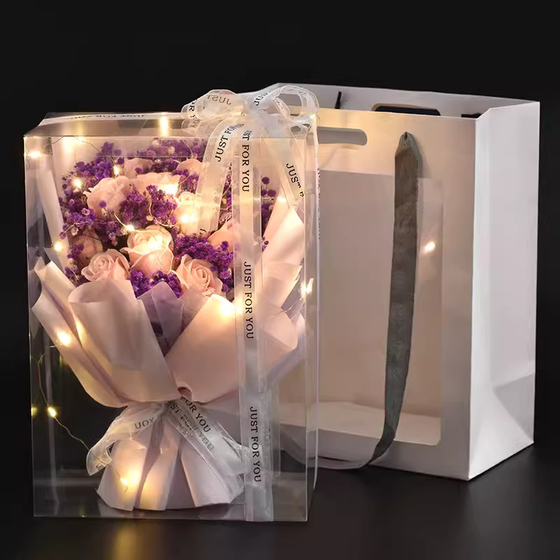안개꽃 드라이플라워 장미 비누꽃 시들지않는 꽃다발 조화 꽃다발 배합 LED등불 선물 상자와 쇼핑백, 1개, 자주색 장미 30,000원