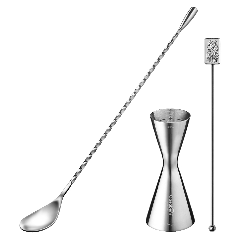 까사베니 홈텐딩 칵테일 하이볼 올스텐 계량지거 30ml / 60ml + 바스푼 30cm + 머들러 실버 사각 세트 24,630원