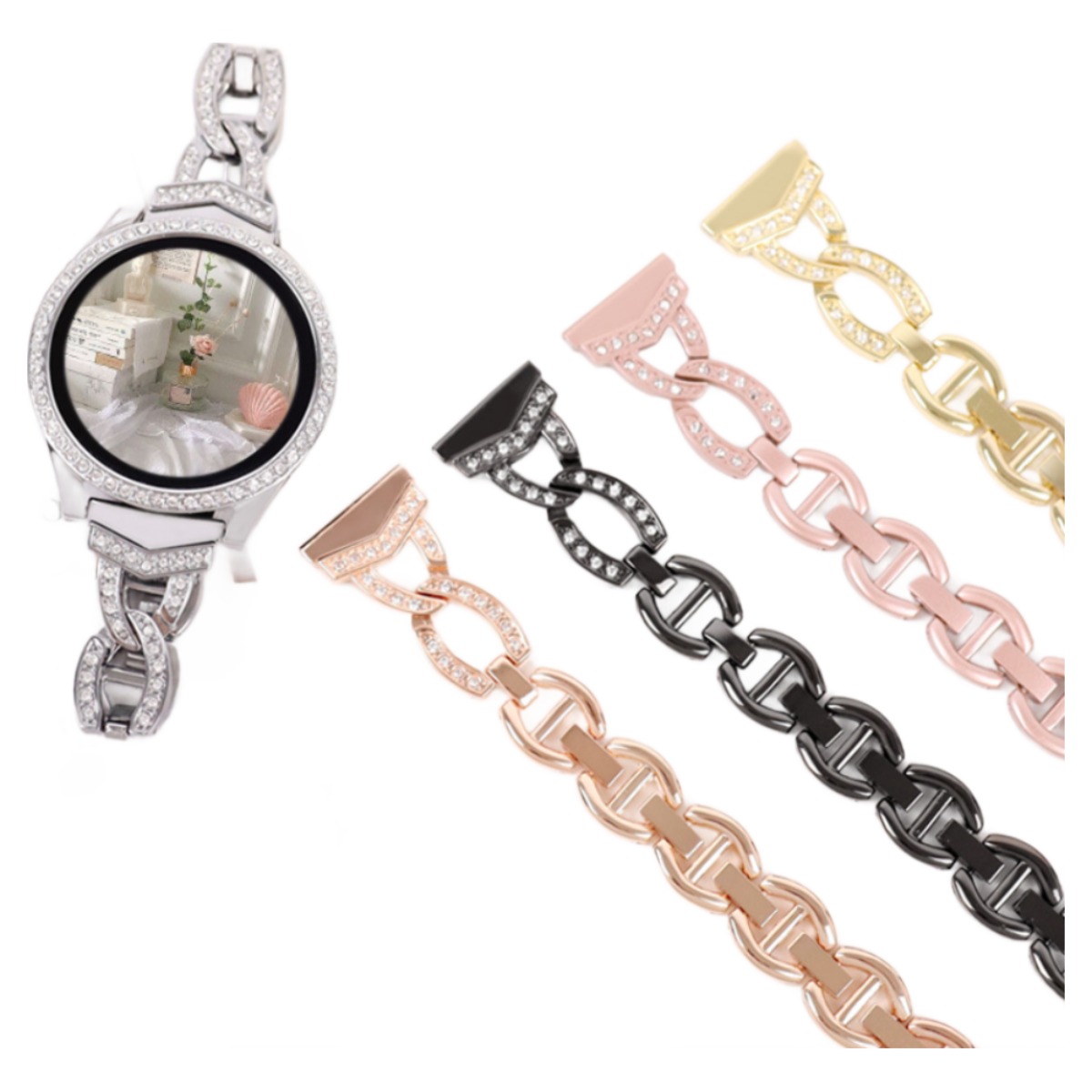 오르몽트 갤럭시워치8 7 6 5 4 3 호환 V큐빅 브레이슬릿 메탈 스트랩 프로 클래식 밴드 시계줄 줄질, 로즈골드 18,400원