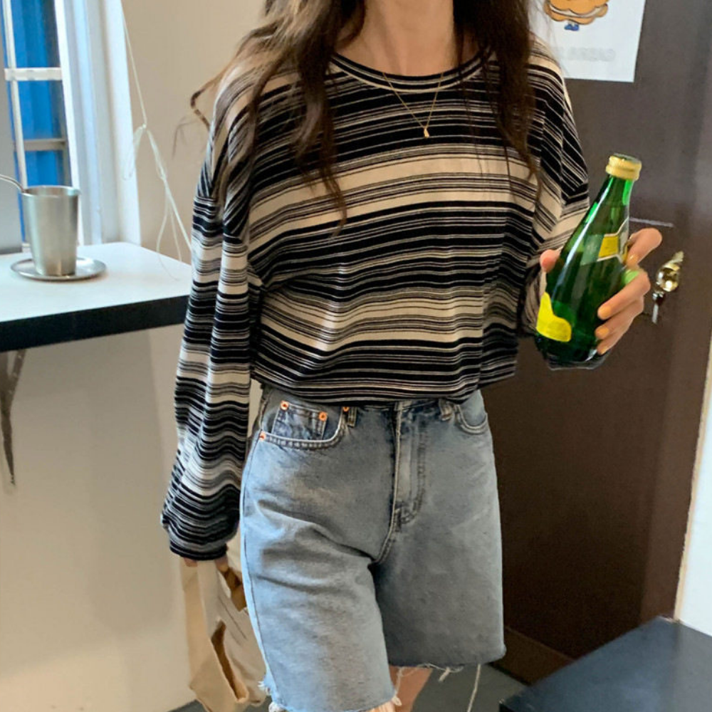 프존 여성 봄 단가라 루즈핏 티셔츠 체형커버 데일리 스트라이프 긴팔티 2종세트 34,900원