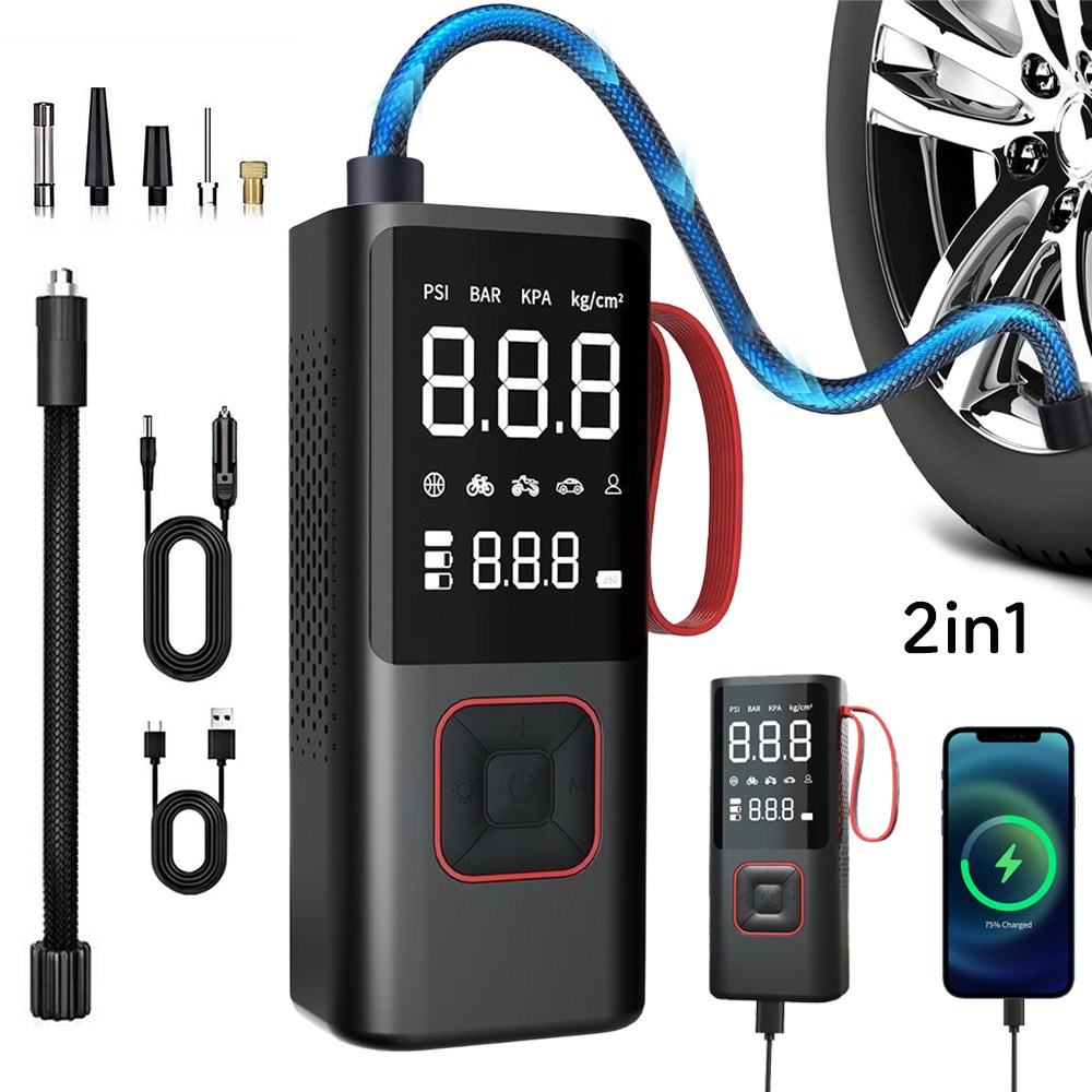 ZOZOFO 무선 에어 펌프 자동 공기압 주입기 긴급시동 보조배터리 6000mAh 대형배터리 타이어 압력 모니터링/led손전등/보조배터리/자동차 농구공 자전거 오토바이 다용도에어펌 16,900원