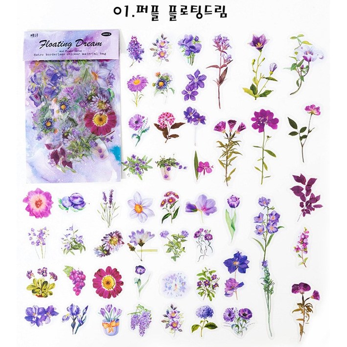 꽃 스티커 M형 세트 압화 꽃잎 장식 빈티지 플라워 나뭇잎 다꾸 7,900원