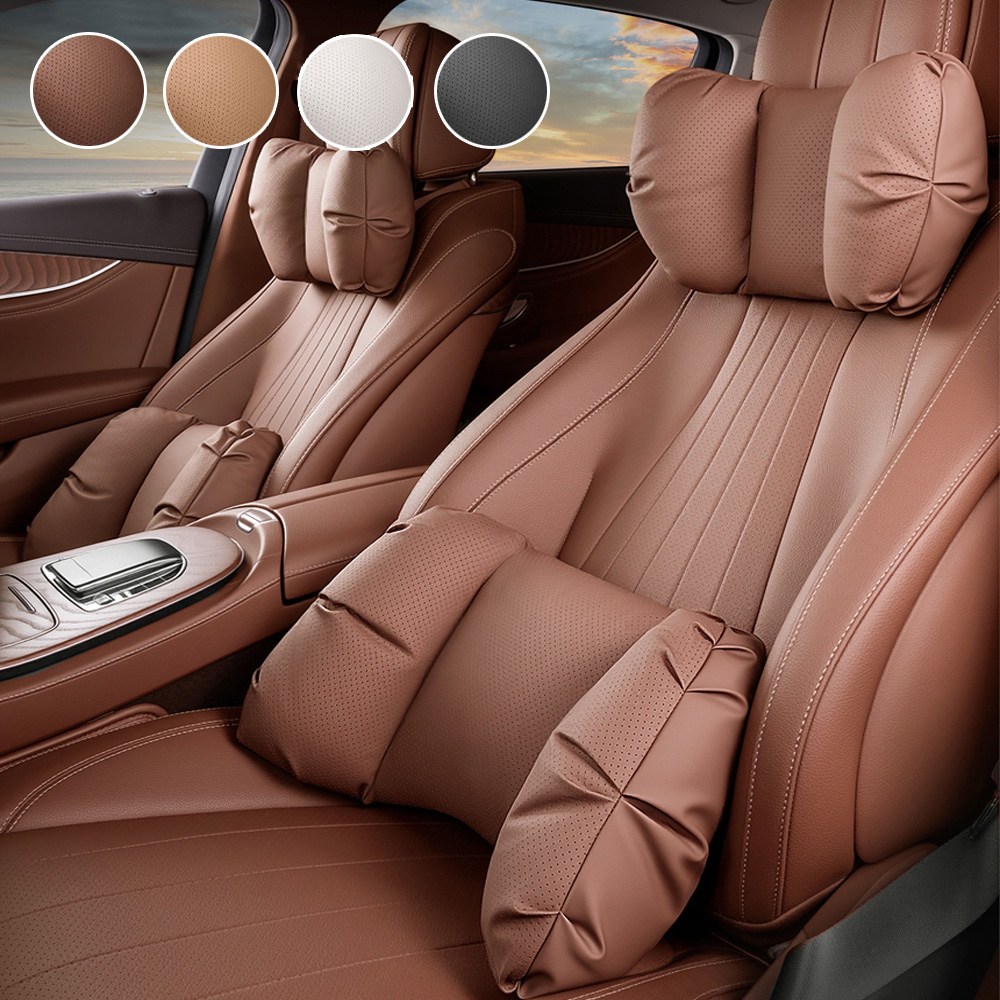 차량용 (목쿠션+허리쿠션) 세트 자동차 목베개 헤드레스트 목받침 허리쿠션 타공 가죽, 1세트, 브라운(탄탄 목쿠션+허리쿠션) 46,800원