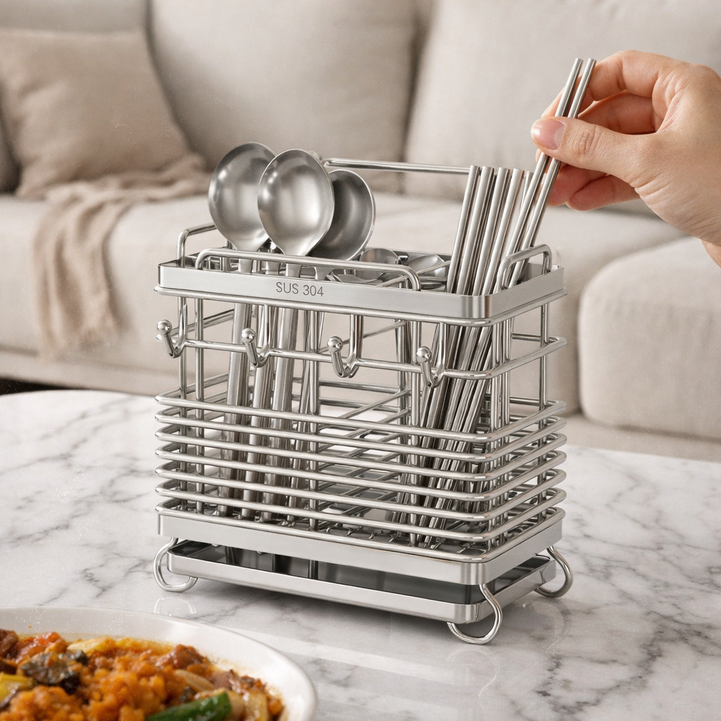 하루포유 벽부착 후크겸용 다용도 올스텐 2구 수저통, 1개, 실버 25,900원