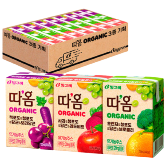 빙그레 따옴 오가닉 주스 3종 기획(오렌지브로콜리8+적포도보라당근8+사과레드비트8) 총 24개 16,000원