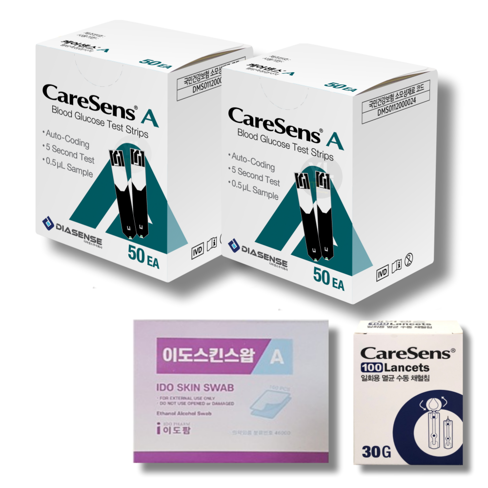 케어센스A 혈당 시험지 100매+알콜솜 100매+채혈침 100개 33,000원