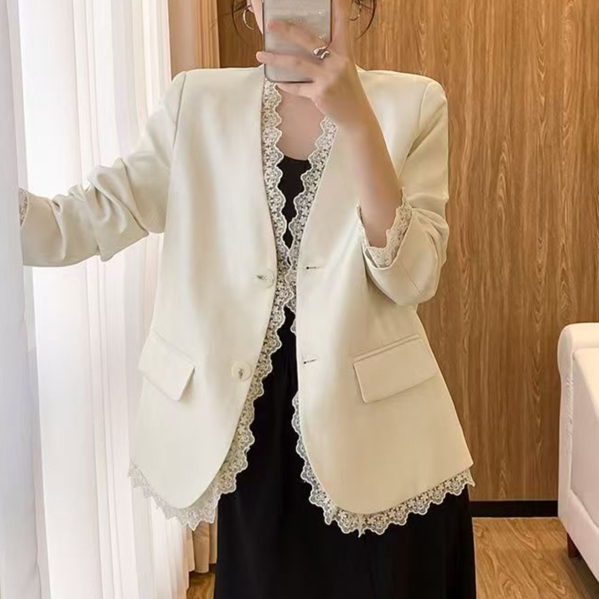 COSYEVNO 여성용 봄 가을 레이스 장식 싱글버튼 슬림핏 블레이저 자켓 BCXxzwt-1 34,800원
