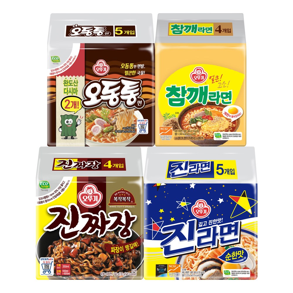 오뚜기 진라면 순한맛 5입+오동통면 5입+진짜장 4입+참깨라면 4입 세트, 18개 19,900원