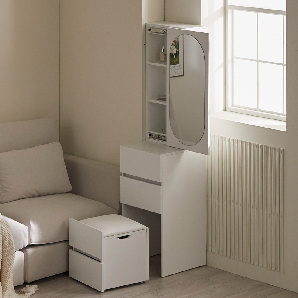 파로마 코니2 A 라운드 거울 수납 틈새화장대 하부장 + 스툴 세트 방문설치, 02A 화이트 149,900원