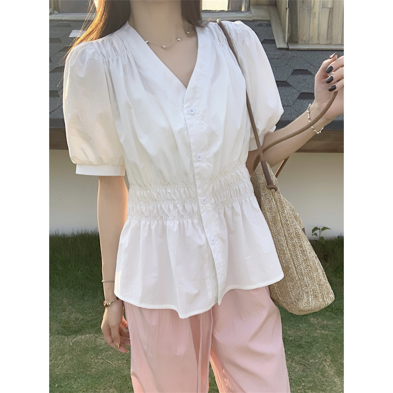 MIREA 여성 퍼프소매 셔링 블라우스 V넥 반팔 봄여름 데일리룩 20,900원