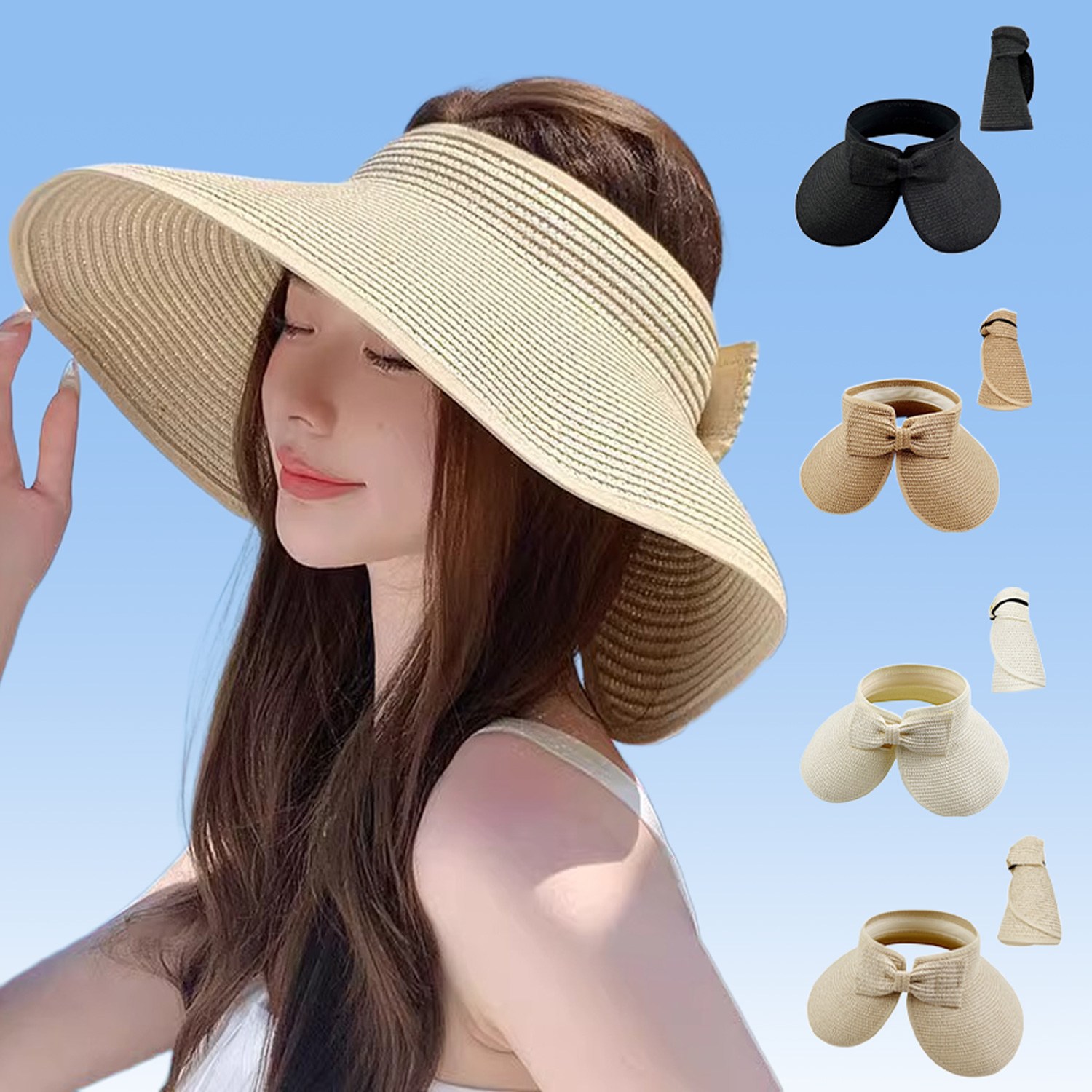[HANNAL]  여성 리본 돌돌이 썬캡 와이드챙 얼굴소멸 라탄 밀짚모자 8,900원