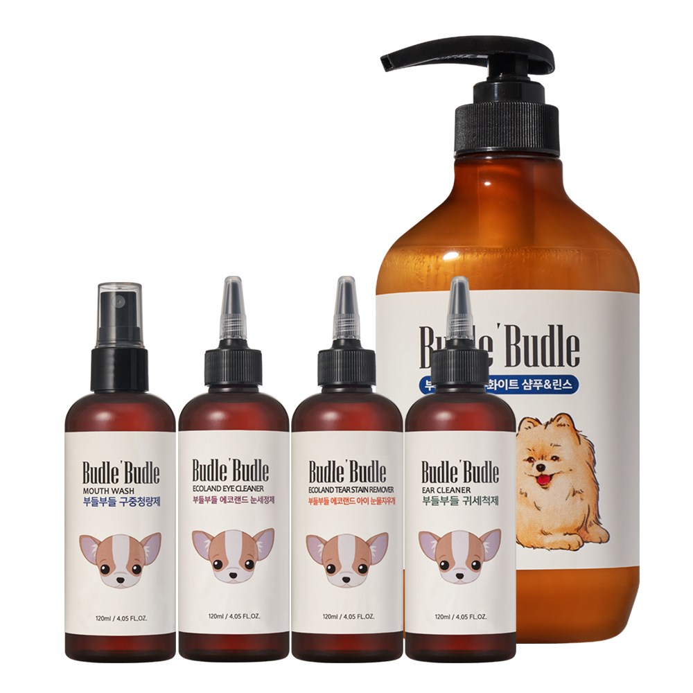 부들부들 강아지 위생용품 화이트팩 (화이트 샴푸&린스+눈/귀/구강 용품 4종) 19,900원