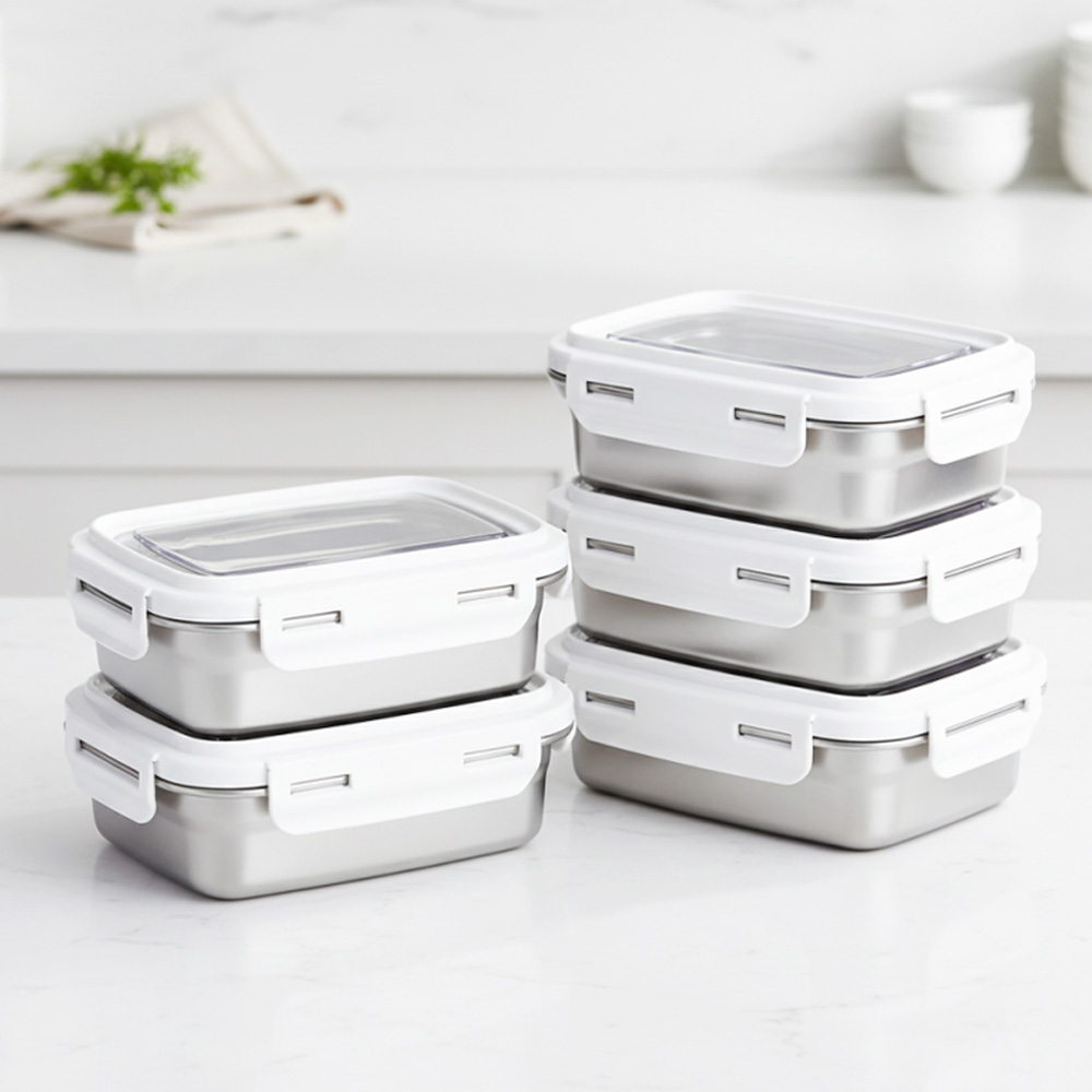 에브리 연마제X 화이트 직사각 스텐 밀폐용기 5P세트, 400ml 3개 +  600ml 2개, 1세트 20,800원