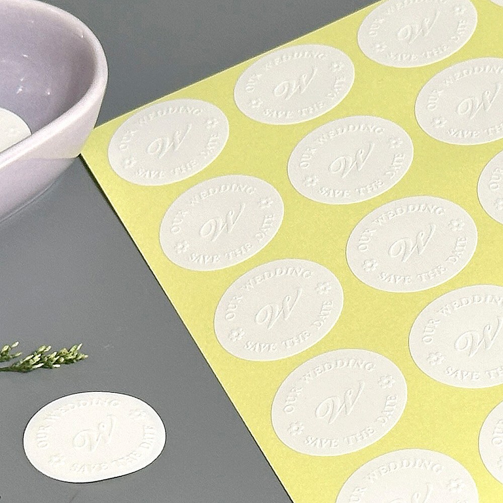 청첩장봉투 화이트 형압 4종 디자인 스티커 조개 웨딩 "W" 플라워 50매, 50개, (물방울꽃)_형압 스티커 3,000원