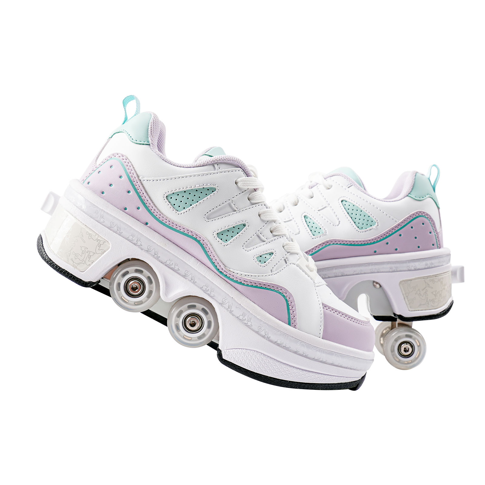 Pairduck남녀공용 접이식 롤러스케이트 인라인스케이트 LED 컬러 조명 포함 쿼드 스케이트, 1개, 흰색 보라색 로우탑 04 118,400원