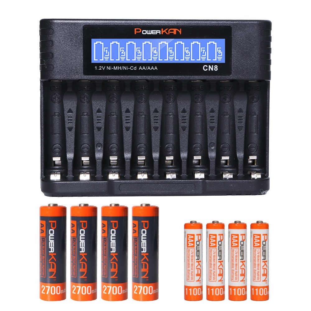 POWERKAN CN8 8구 충전기+고용량충전지 세트 AAA 1100mAh*4알 AA 2700mAh*4알 니켈수소 충전지 43,800원
