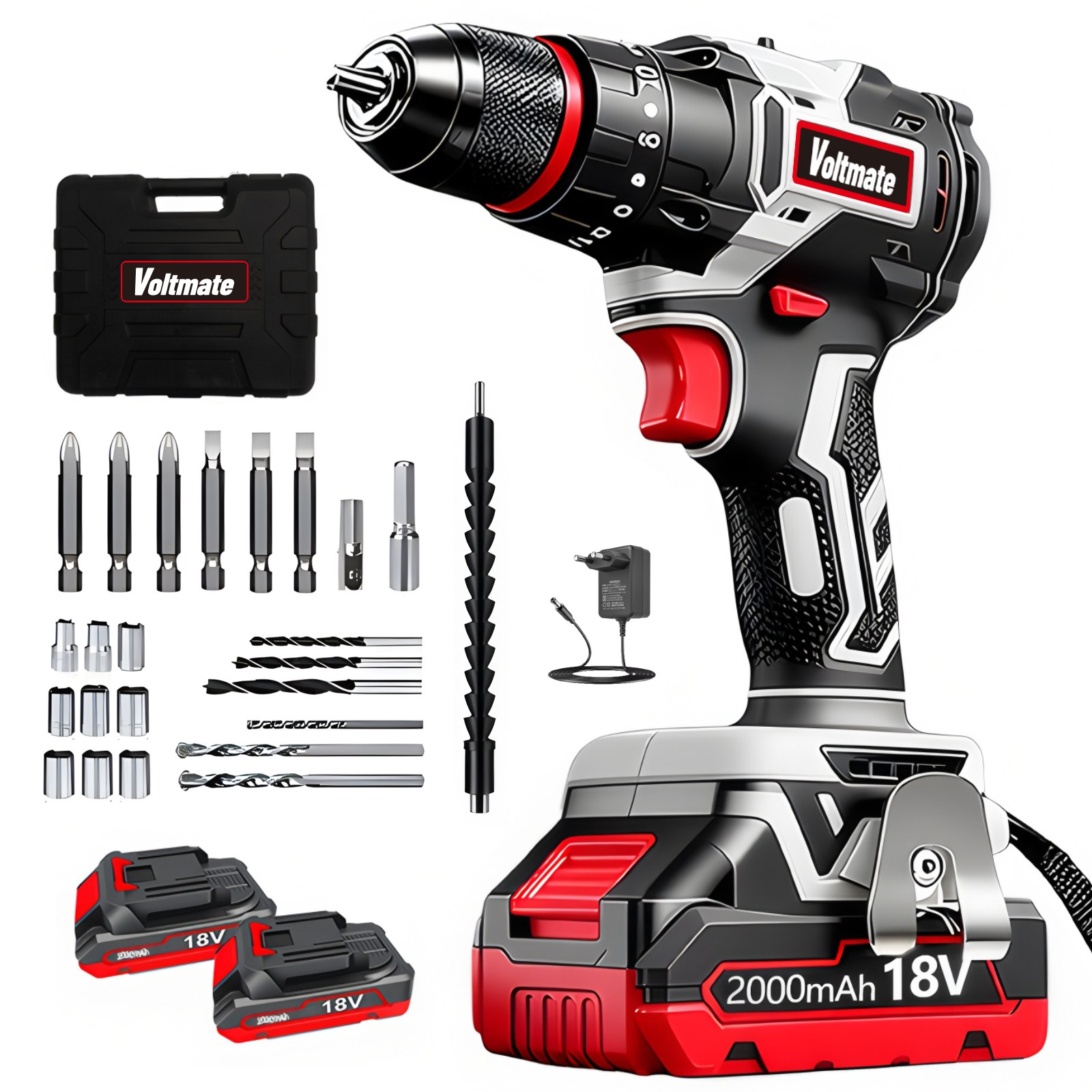 VoltMate 최신형 보쉬 21V 다용도 무선 전동 드릴,BLDC, ,2000mah듀얼배터리세트 ,1년AS,18+3단 토크조절,임팩드릴,평드릴드릴 ,해머드릴,배터리2개,가정용 60,000원
