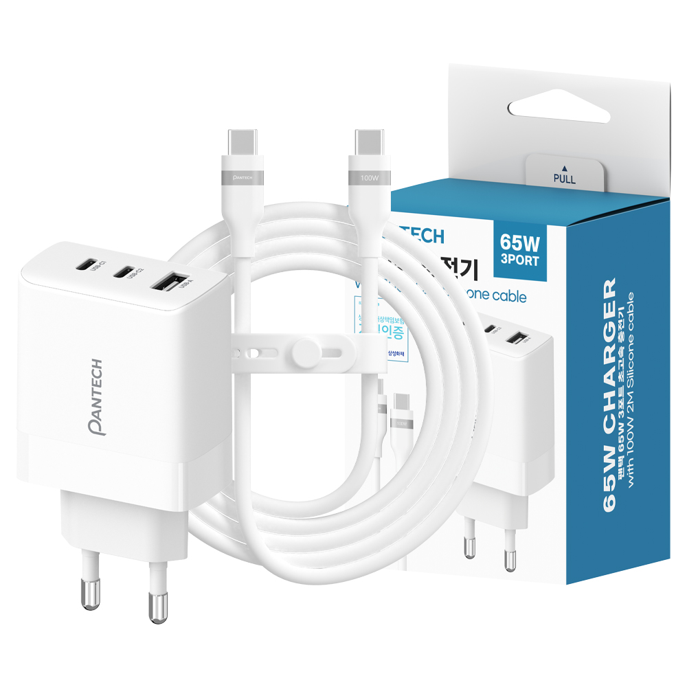 팬택 PD 65W 3포트 GaN 초고속 멀티충전기 + C타입 실리콘 충전 케이블 100W 2m 세트 21,900원
