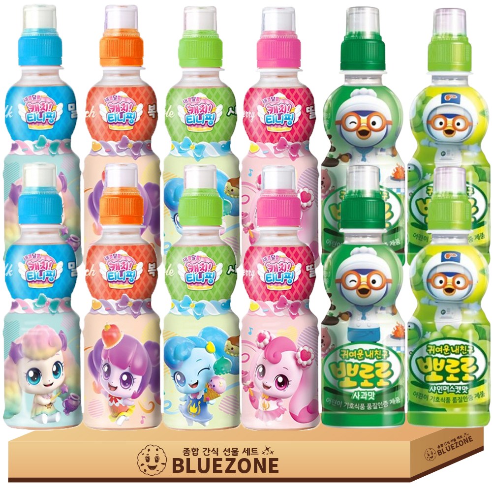 [블루존] 어린이 음료수 티니핑 뽀로로 혼합 세트 웅진 캐치 티니핑 음료 200ml 딸기맛2 사과맛2 복숭아맛2 밀크맛2 팔도 뽀로로 음료 235ml 샤인머스캣2 사과2, 12개, 200ml 16,500원