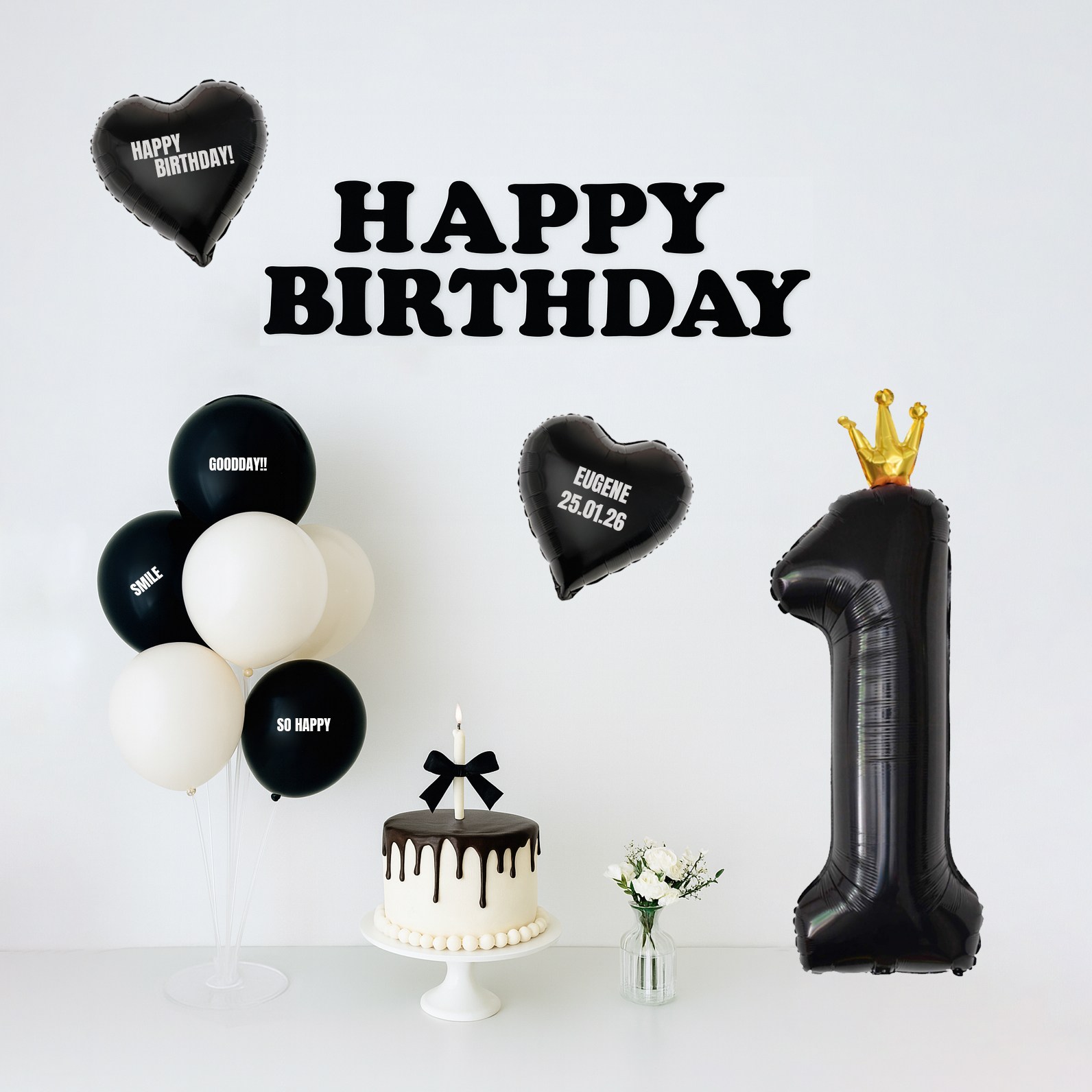 해피제이니 시크블랙 가랜드 대형 왕관숫자 풍선 생일 파티용품 세트 (자유레터링 시트지 3장) 13,900원