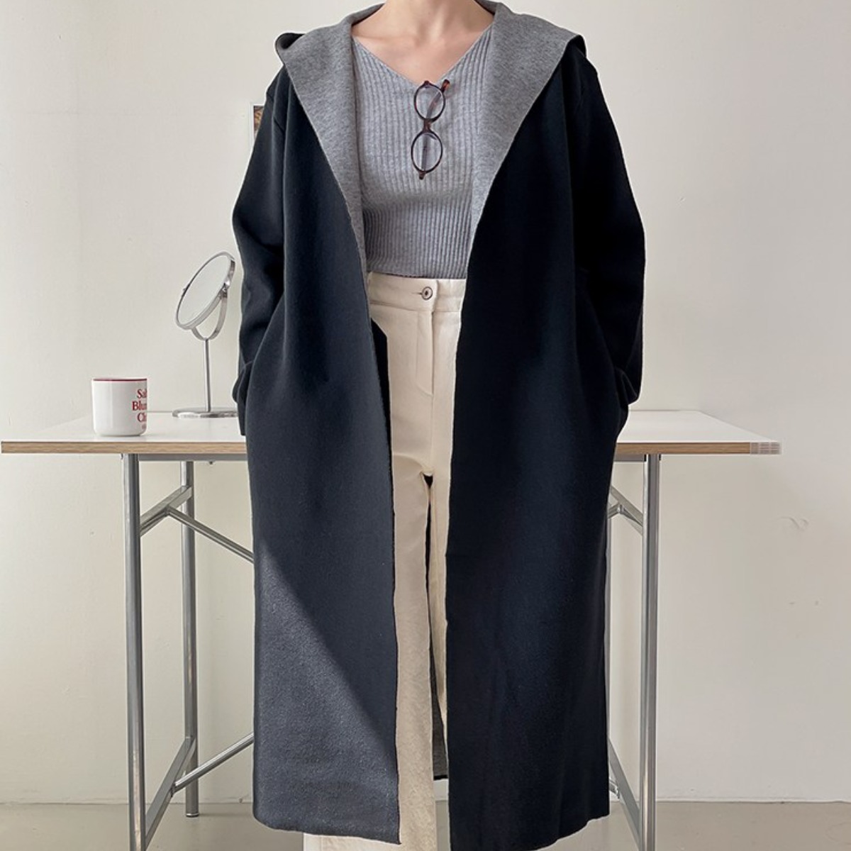 니트코어 여자 봄가을 간절기 빅사이즈 루즈핏 고퀄 부드러운 모던 배색 후드 오픈 벨트 긴팔 롱 니트 가디건 코트 스웨터 출근룩 38,900원