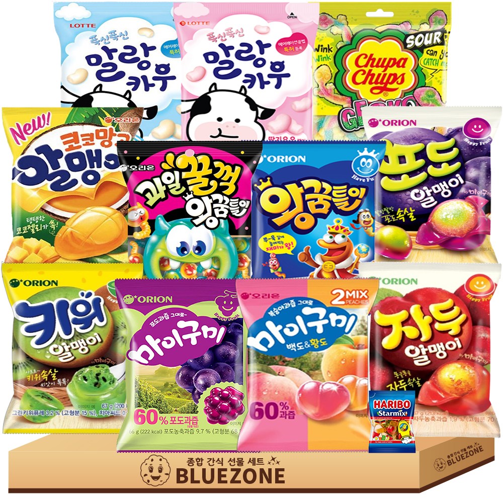 인기 젤리 혼합 B세트 말랑카우 밀크1 딸기1 마이구미포도 백도황도1 자두알맹이1 포도알맹이1 키위알맹이1 코코망고알맹이1 왕꿈틀이1 과일꿀꺽왕꿈틀이1 츄파춥스사워게코1 하스1, 12개, 66g 22,200원
