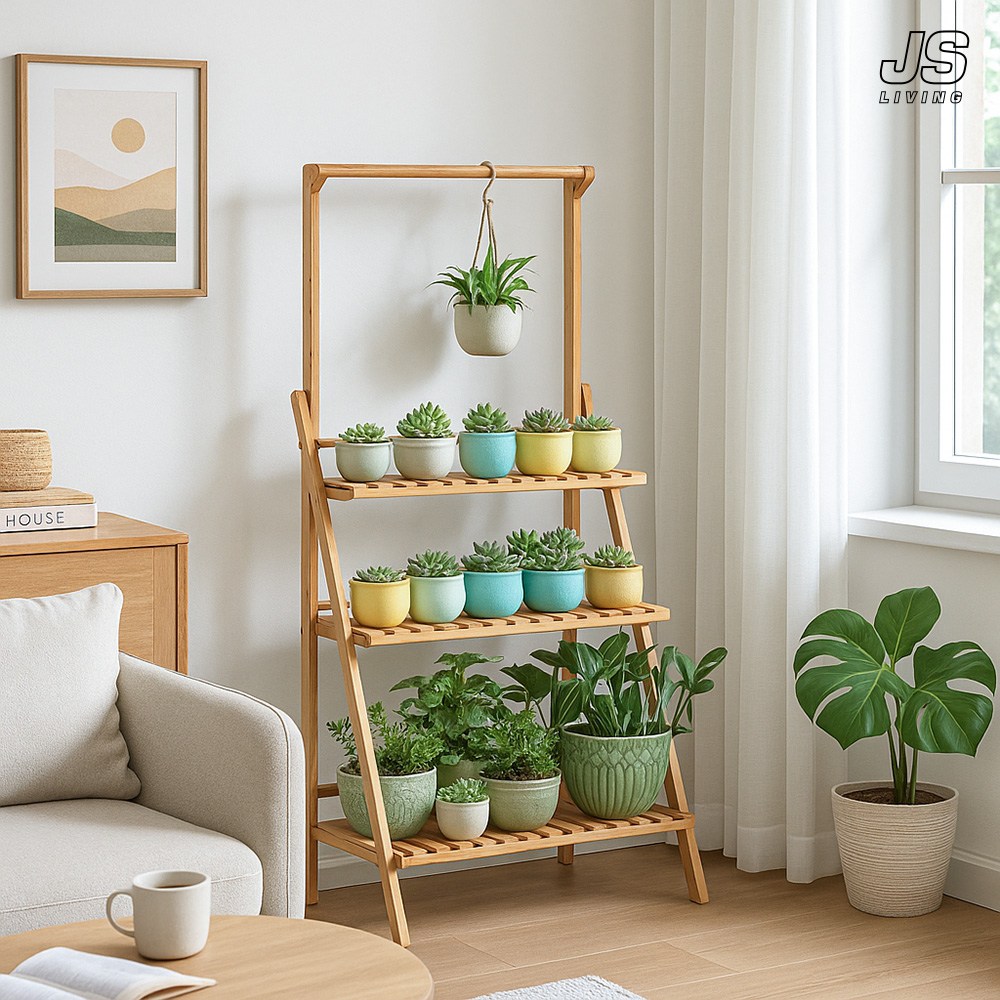 JS리빙 베란다 높은 화분 선반대 원목 3단 거실 접이식 스탠드 화분정리대 인테리어 다육이 화분 진열대 카페 실내 화분다이 행거 행잉 화분걸이 @JSLV-MD:055745ADFQE 36,800원
