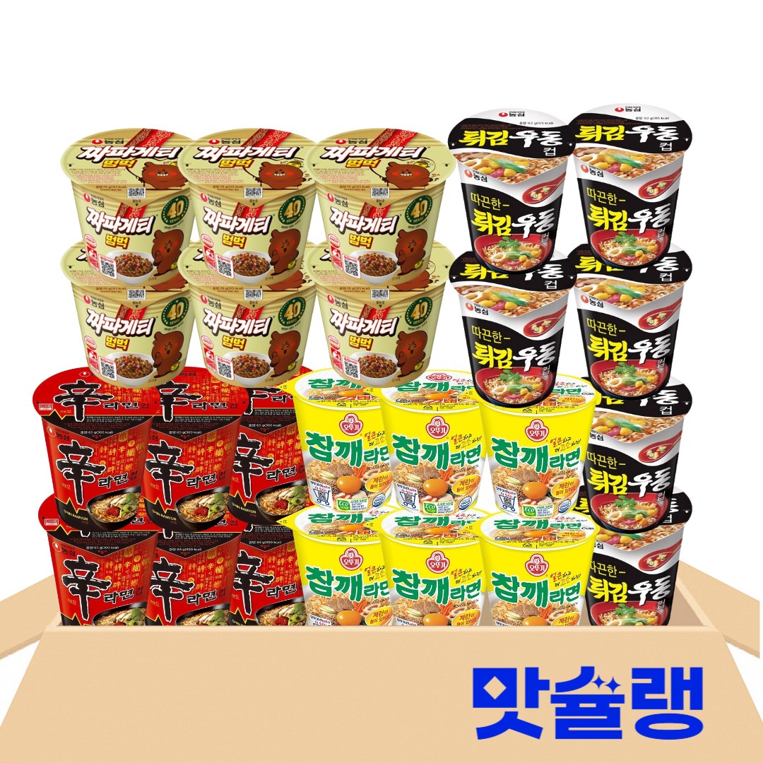 [맛슐랭] 소컵라면 4종 신라면6+튀김우동6+참깨6+짜짱범벅6 사무실 간식 비품 스낵 탕비실 아이들 컵라면, 1세트 32,500원