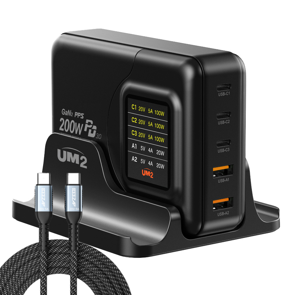 UM2 200W 전력표시 디스플레이 GaN2 PD 접지형 5포트 고속 충전기 + 전용 거치대 세트 + 100W 케이블 세트 109,000원