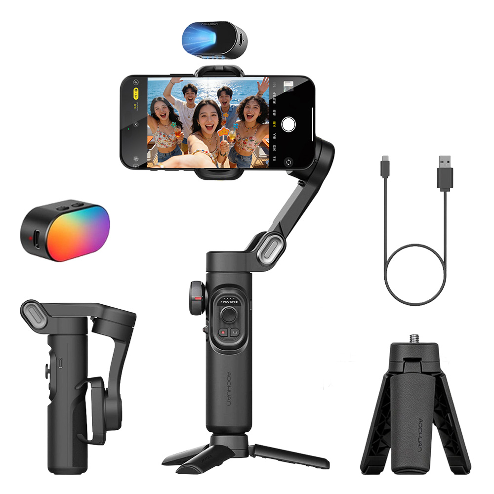 AOCHUAN 스마트폰 짐벌 삼축 안정기 AI 자동 추적 안티셰이크 블루투스 셀카봉 삼각대 겸용 접이식 Vlog 유튜브 촬영용, 올 블랙, 1개, V8 128,000원