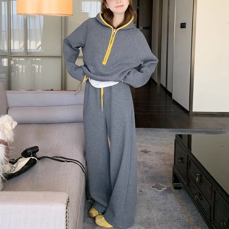 ORZQU 여성용 간절기 후드 맨투맨 와이드팬츠 투피스 봄가을 트레이닝 상하의세트 32,600원