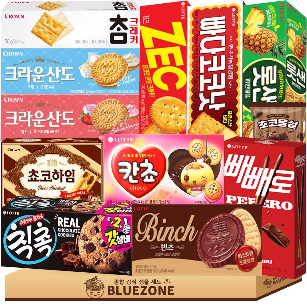 곽과자 세트 빈츠102 칙촉120 빼빼로 오리지널54 롯데샌드105 칸쵸54 빠다코코낫100 제크100 크라운 산도 딸기61 크림61 참크래커56 초코하임47, 1박스, 곽과자 22,800원
