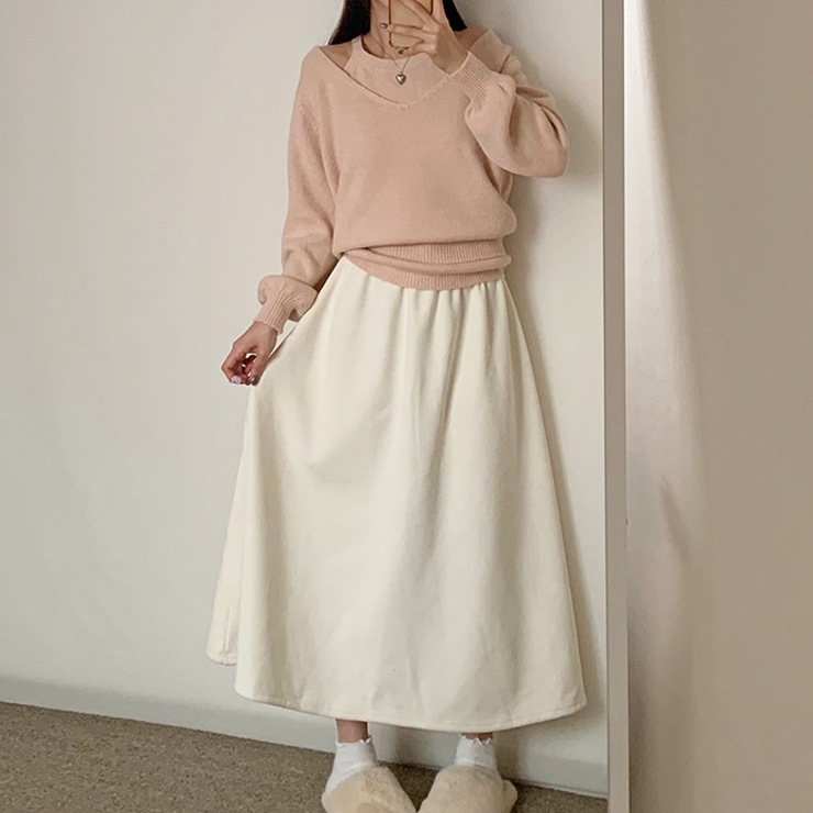 어나더뷰 2350 [5컬러] 모먼트 코듀로이 밍크 플레어 롱 스커트 밴딩 A라인 스판 골지 퍼 기모 융털 벨벳 골덴 겨울 치마 23,300원