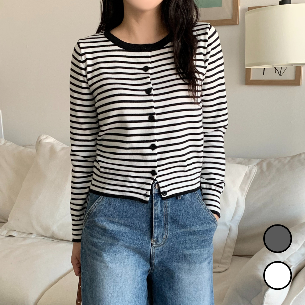뉴애드 여성 스트라이프 라운드넥 단가라 니트 가디건 세트 25,800원