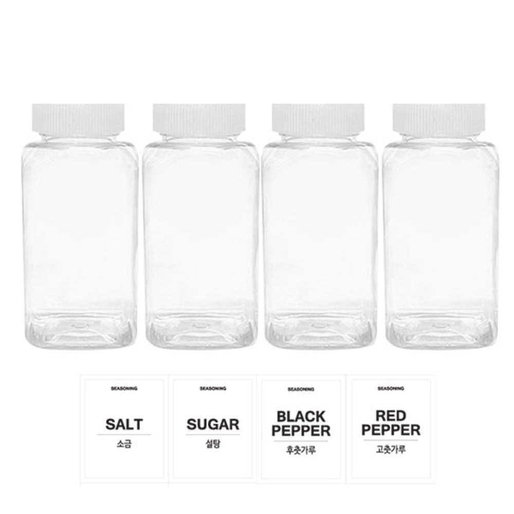 투명사각 PET 양념통 세트, 1세트, 200ml(4P) + 흰색캡(4P) + 스티커(소금+설탕+후추+고춧가루)(4P) 4,940원
