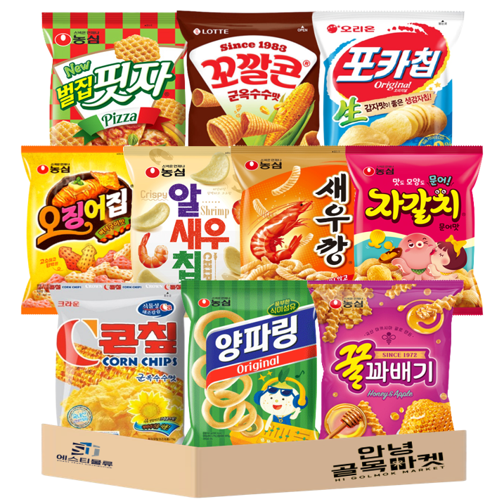 봉지 과자 10종 세트 농심 롯데 크라운 ( 벌집핏자 꼬깔콘 (군옥수수맛) 포카칩 꿀꽈배기 양파링 콘칲 오징어집 알새우칩 새우깡 자갈치 ) 과자세트 스낵, 1세트 19,800원