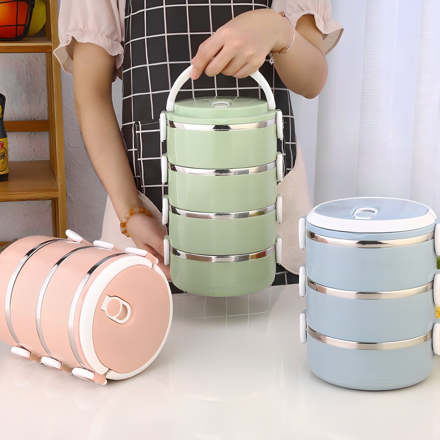 냠냠 3단 런치박스 도시락통 3단 도시락통 보온도시락 보온통 반찬통, 애플그린, 1세트 8,330원