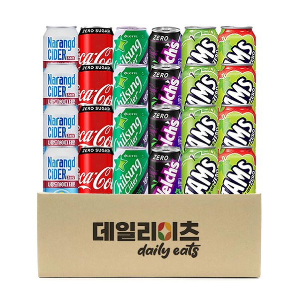 [데일리이츠] 뚱캔 6종 4개씩 24캔 D세트(코크제로 4 + 사이다제로 4 + 나랑드사이다제로 4 +  웰치포도제로 4 +  탐스제로 사과키위 4 + 탐스제로 청포도석류 4) 27,800원