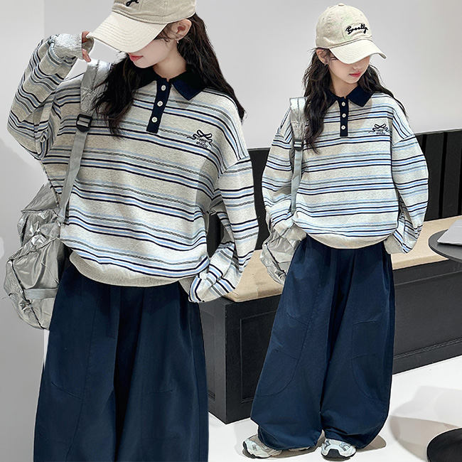 비비키드 신상 스트라이프 리본자수 카라티 주니어 상의 초등생 하의 세트 여아 봄 가을 세트 초중생 긴팔 빅포켓 긴바지 초등생 상하세트 (77694) 46,800원