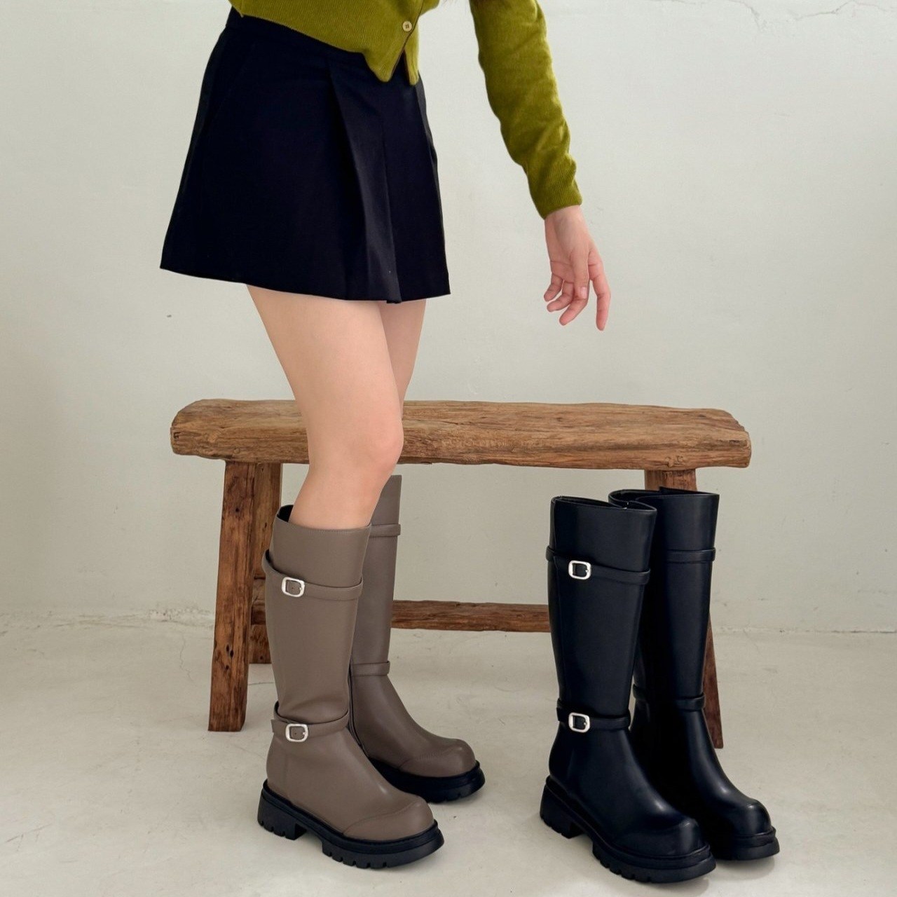 블랑쉬엘 신상 라운드토 투벨트 가죽 롱부츠 5cm 간절기코디 88,000원