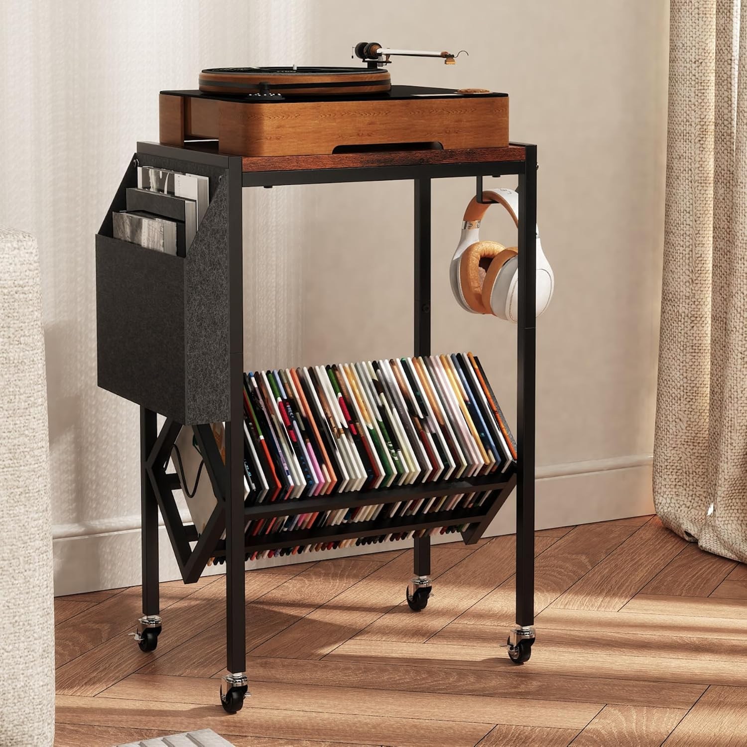 빈티지 2단 엘피판 수납장 이동식 레코드 테이블 거치대 꽂이 협탁 LP 보관함 수납 선반 최대 200장, 검은색 66,900원