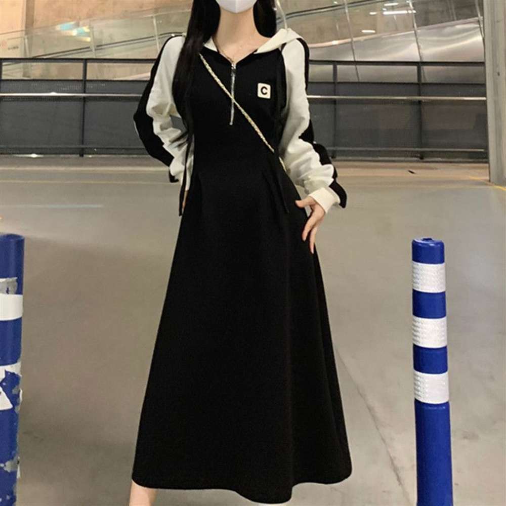 JIEVE 여성 봄 가을 캐주얼 후드 롱 원피스 배색 디자인 편안한 스타일 D18 18,170원