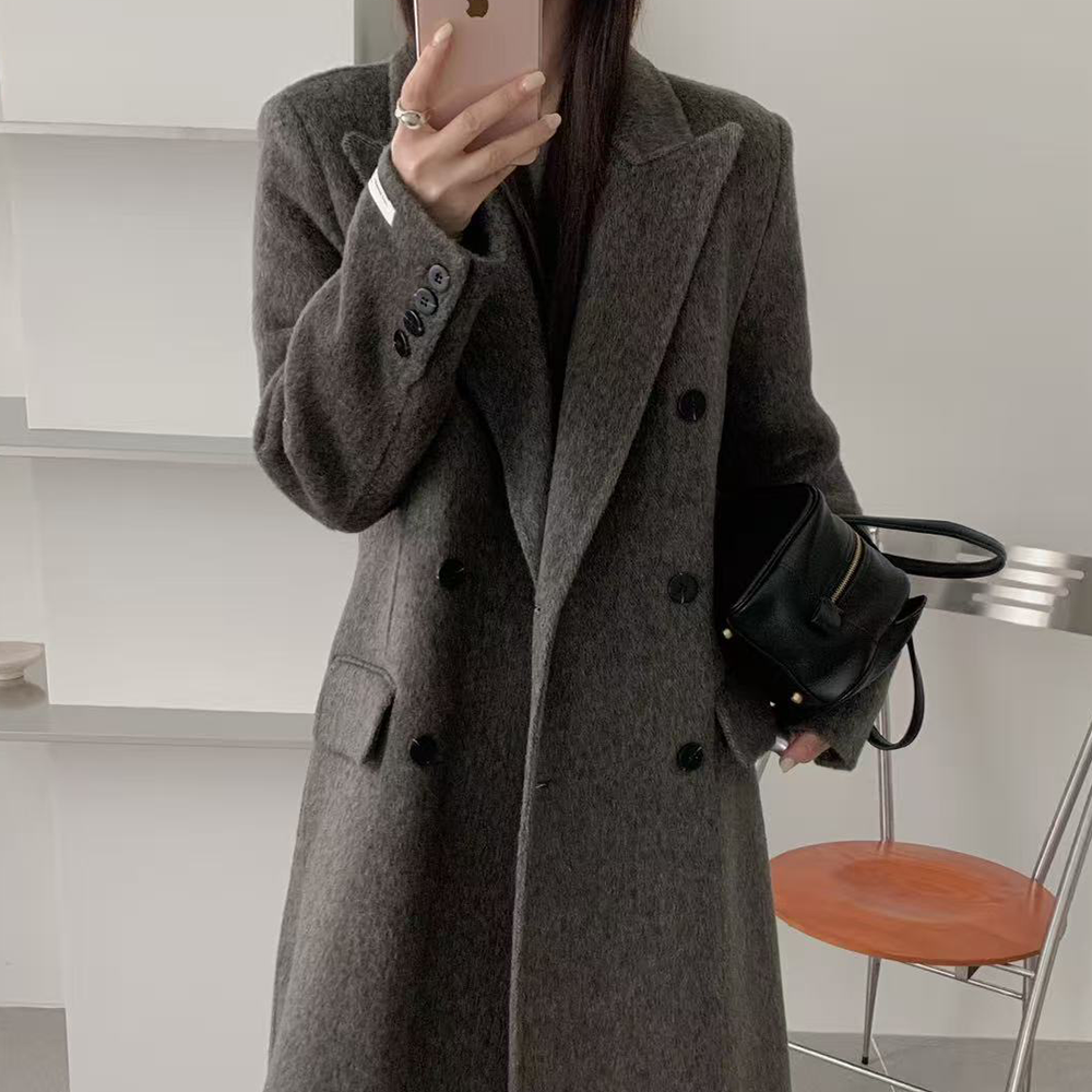 울100 여성 더블버튼 롱코트 아이보리 겨울 하객룩 고급 핸드메이드 노카라 출근룩 코트 159,000원