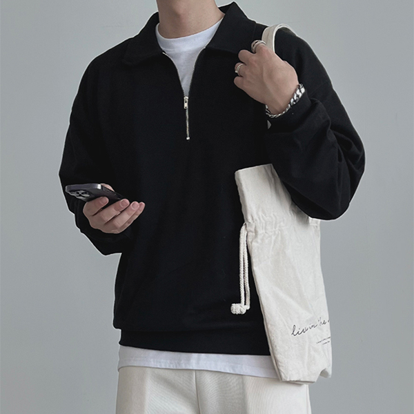 룩샵 남자 남성 데일리 오버핏 무지 카라 특양면 반집업 맨투맨 29,800원