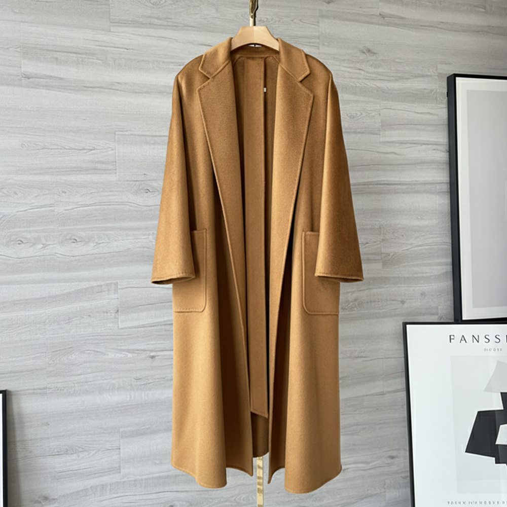 핸드메이드 여성 겨울 코트 캐시미어100 지블링 숄카라 카멜 벨티드 가벼운 롱 코트 498,000원